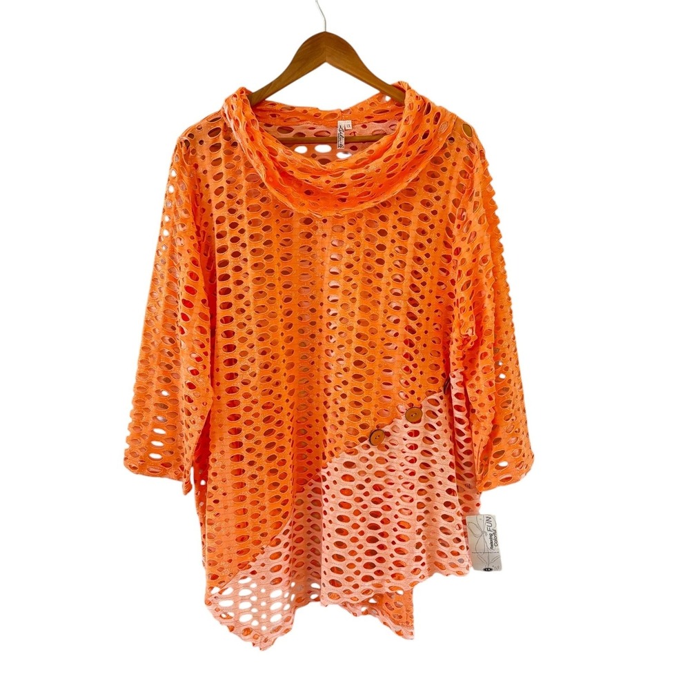 Lulu B Sheer Open‎ Knit Tunic Top Womens 1X Orange Asymmetrical Boho Coastal NWT